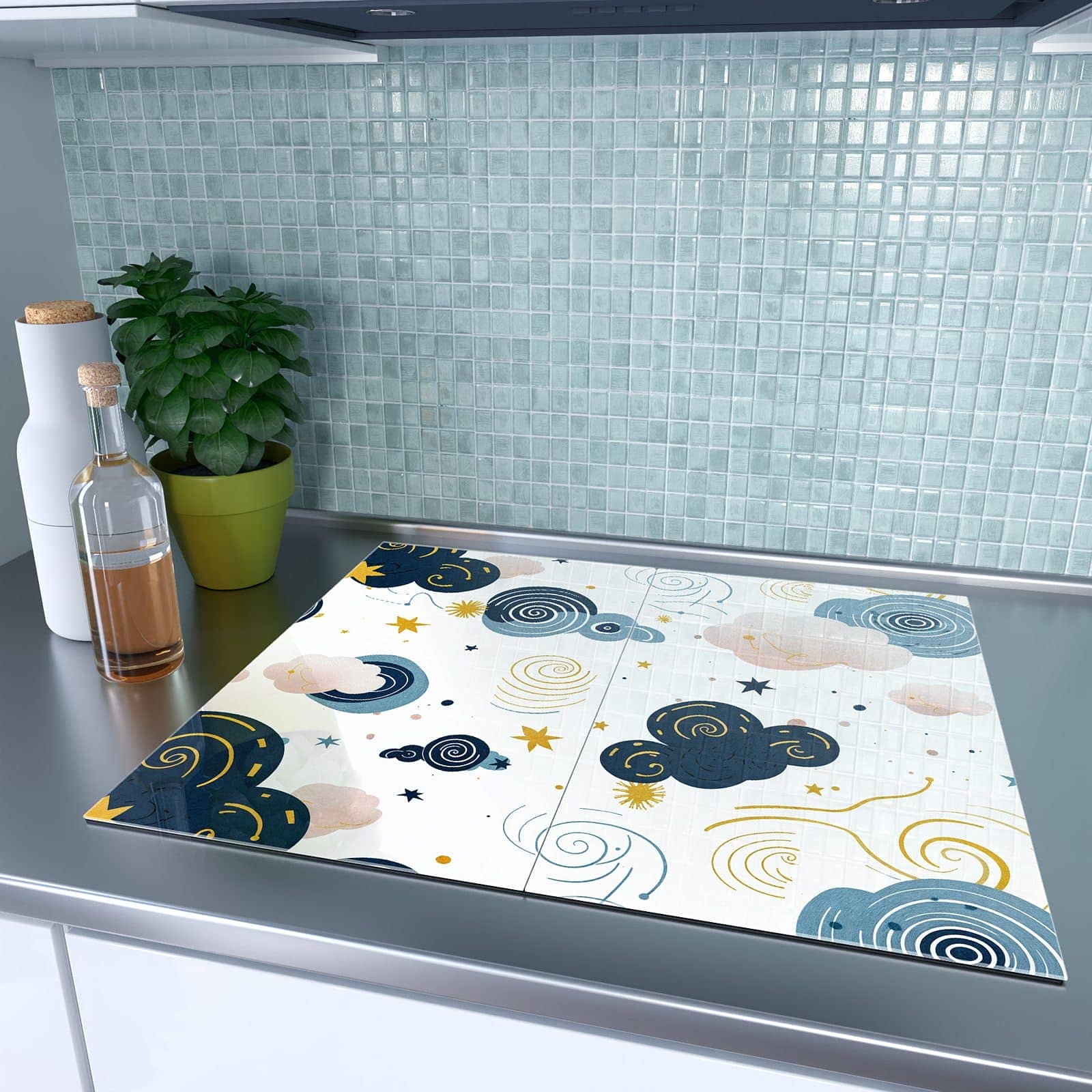 2-teilige Glasabdeckplatte für Ceranfeld mit Wirbelwolken Design-Motiv auf dem Ceranfeld