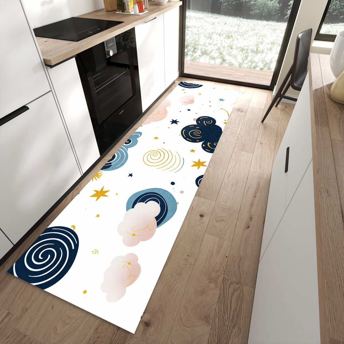 Küchenläufer mit Motiv Wirbelwolken Design für angenehme Haptik in moderner Küche