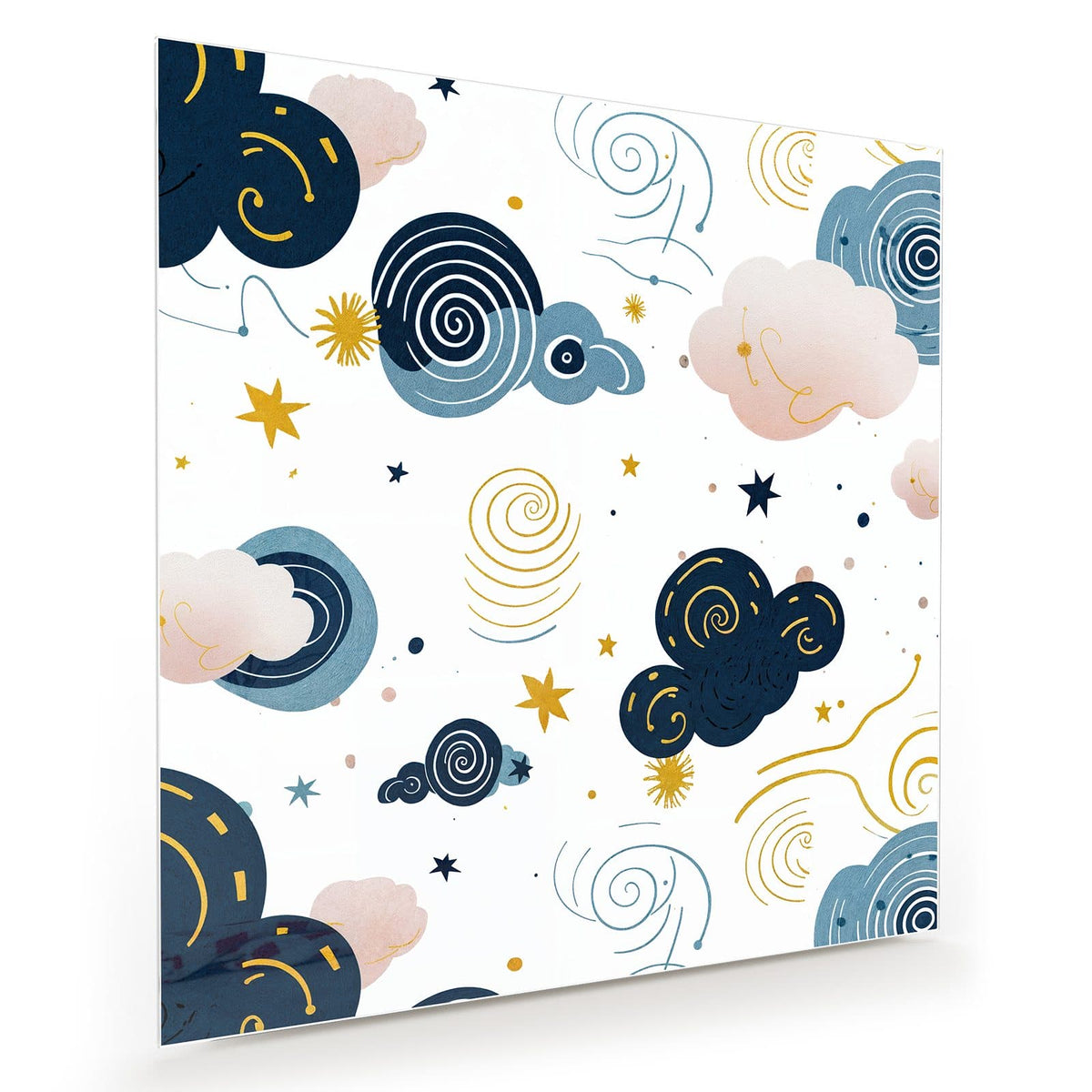 Dunkelblaue und rosa Wolken mit Spiralen, gelben Sternen und Punkten auf Weiß
