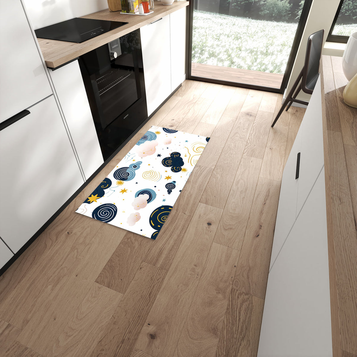 Fleckenresistenter abwaschbarer Küchenteppich mit Motiv Wirbelwolken Design in moderner Küche #grösse_60 x 120 cm