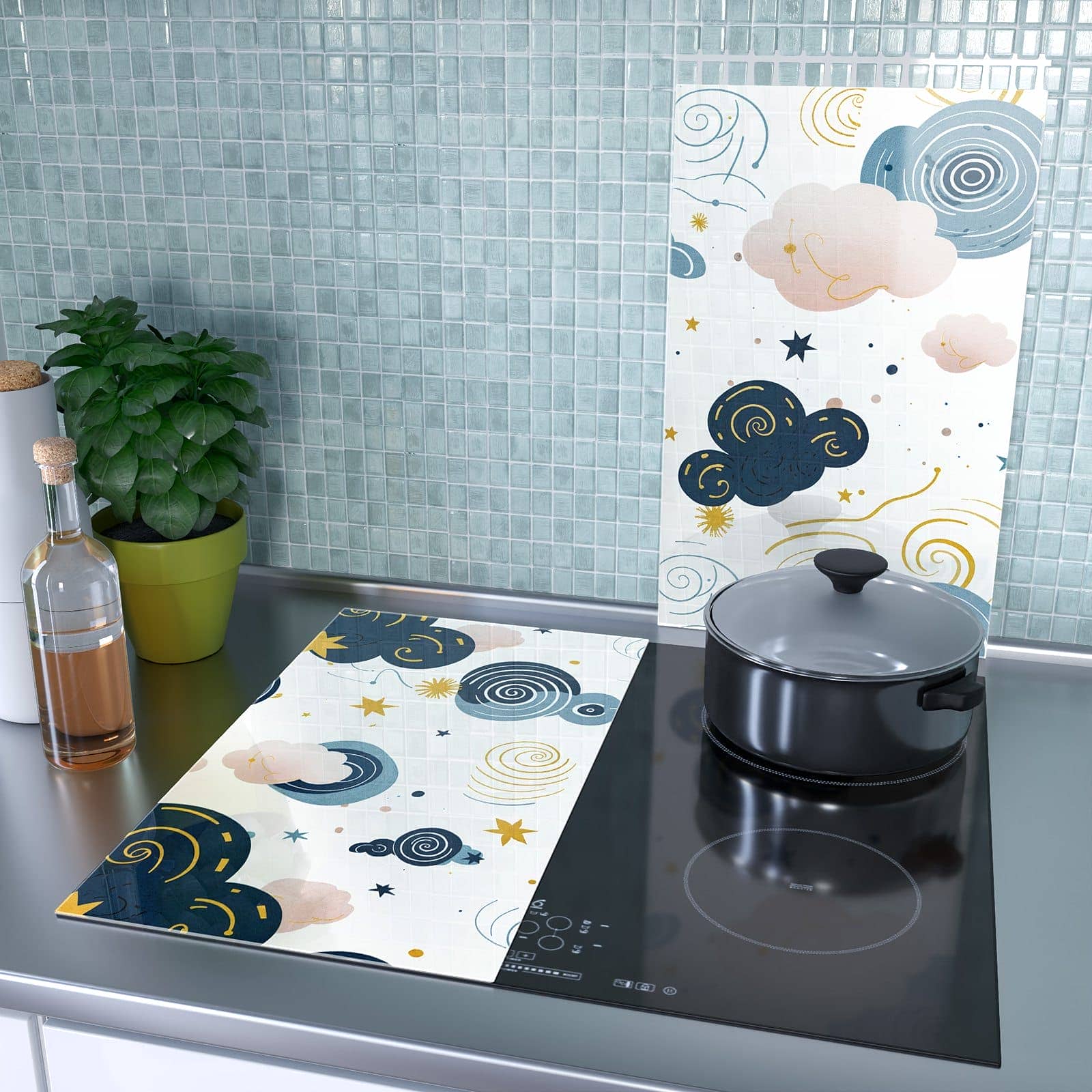 2-teilige Abdeckplatten für Herd mit Wirbelwolken Design-Motiv als Spritzschutz hinter dem Kochfeld