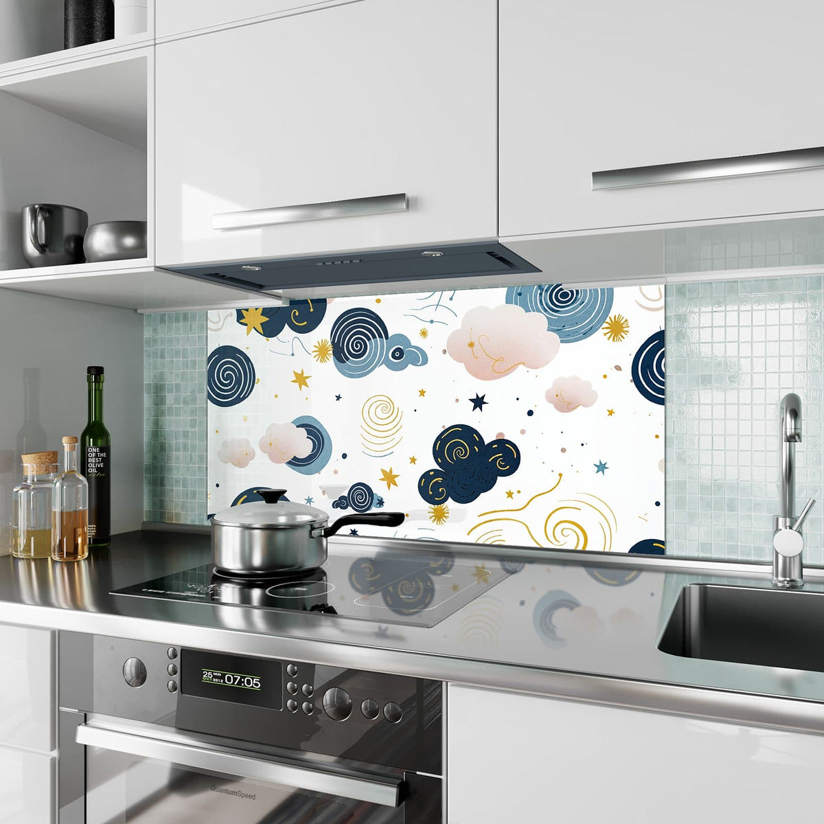 Küchenrückwand aus Glas Blaue Wolken und Sterne im Hochformat als Spritzschutz hinter dem Kochfeld, über dem Fliesenspiegel montiert