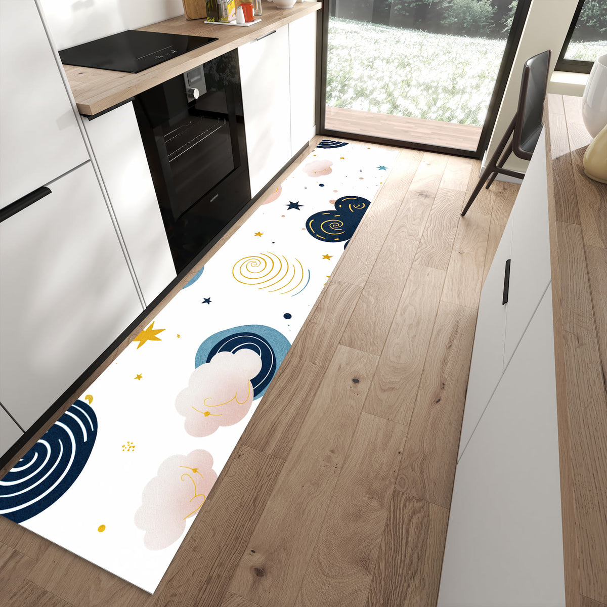 Pflegeleichter Teppich für die Küche mit Motiv Wirbelwolken Design in moderner Küche
