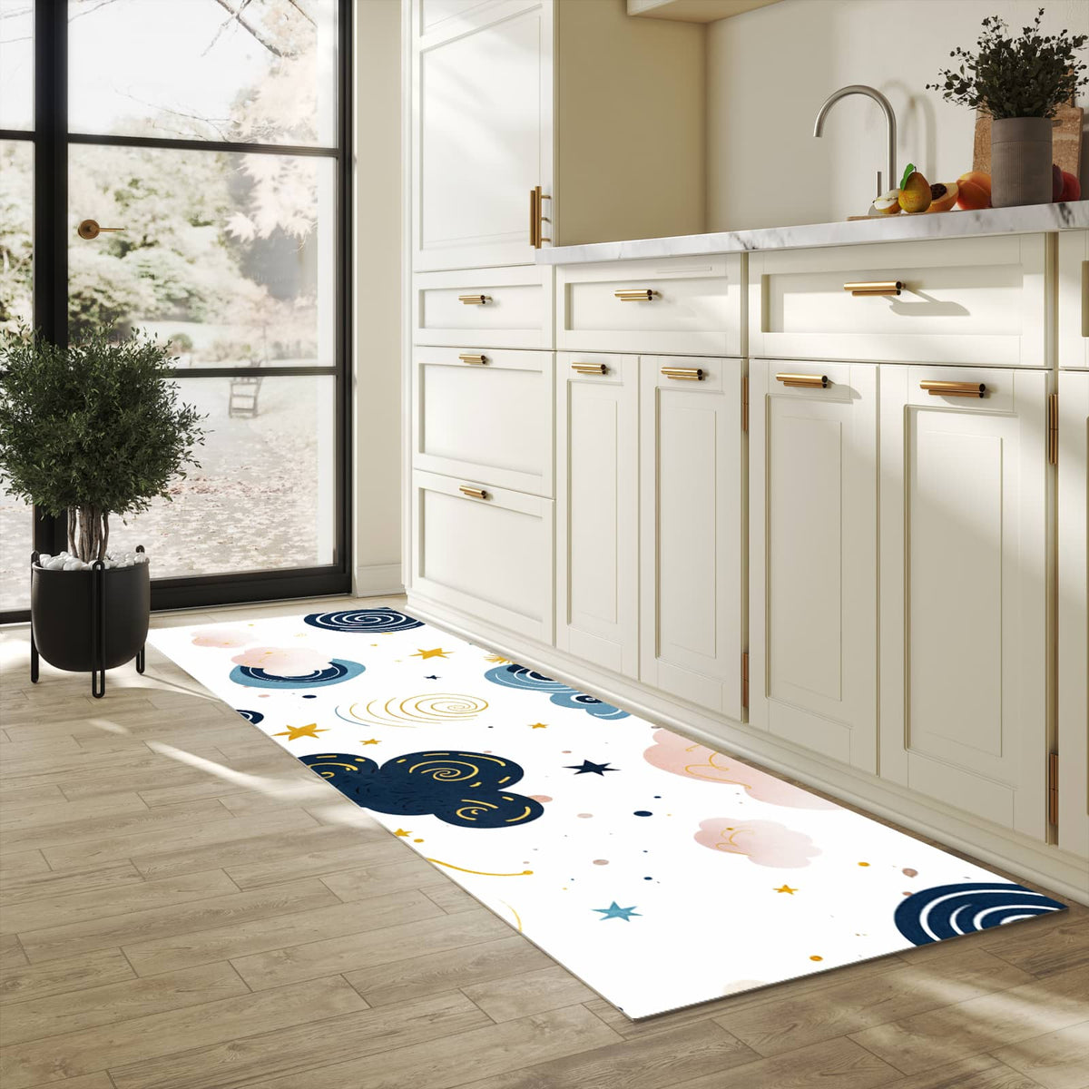 Wasserabweisender Küchenläufer mit Motiv Wirbelwolken Design in heller Küche