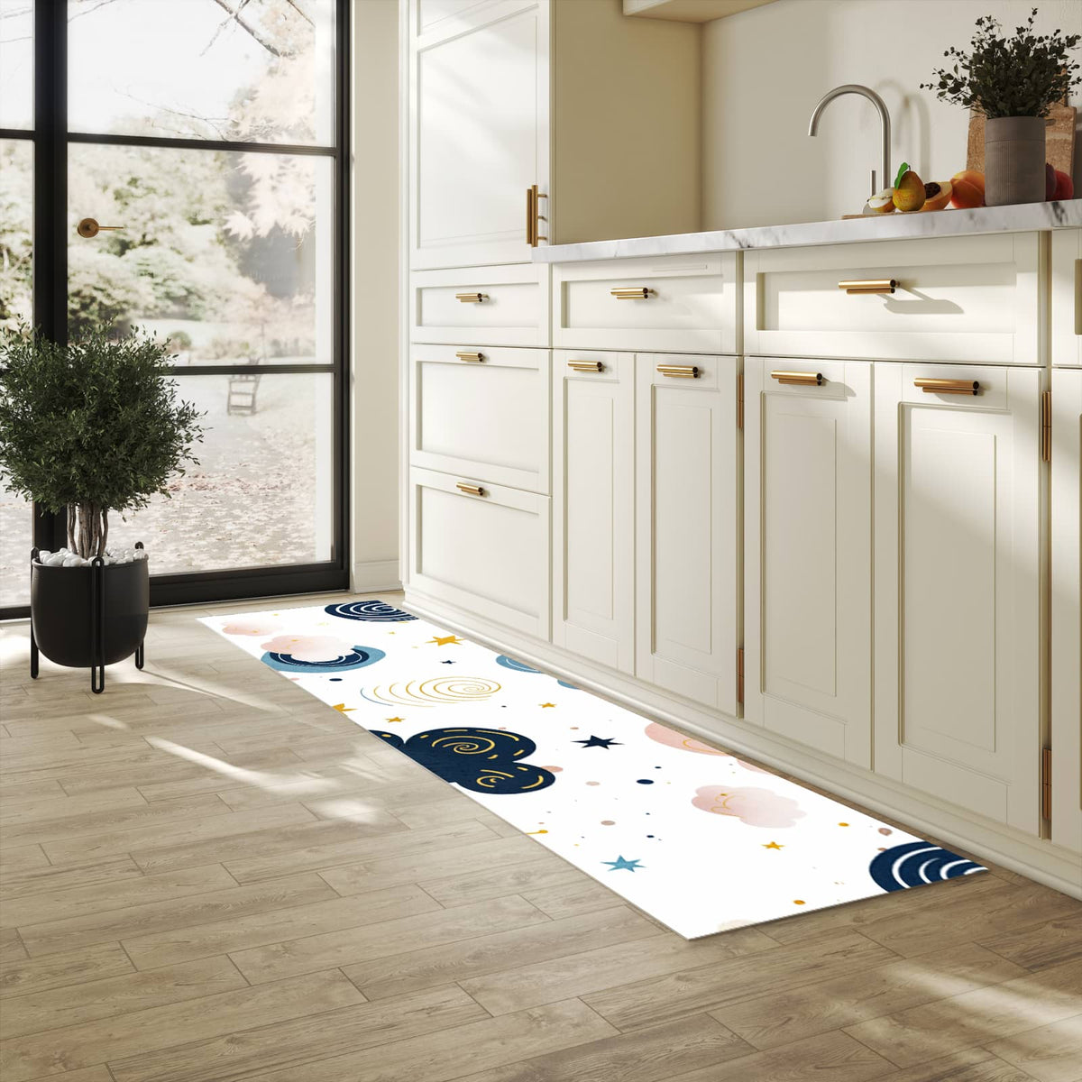 Zeitsparender Küchenteppich mit Motiv Wirbelwolken Design in heller Küche - leicht waschbar