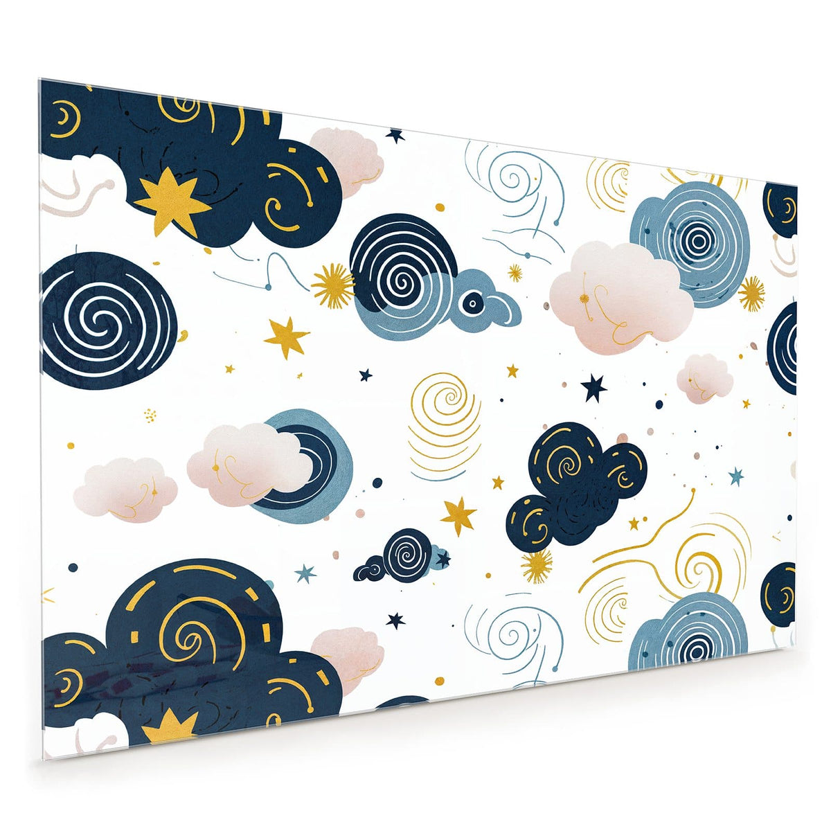 Küchenrückwand aus Glas im Hochformat: Dunkelblaue und rosa Wolken mit Spiralen, gelben Sternen und Punkten auf Weiß