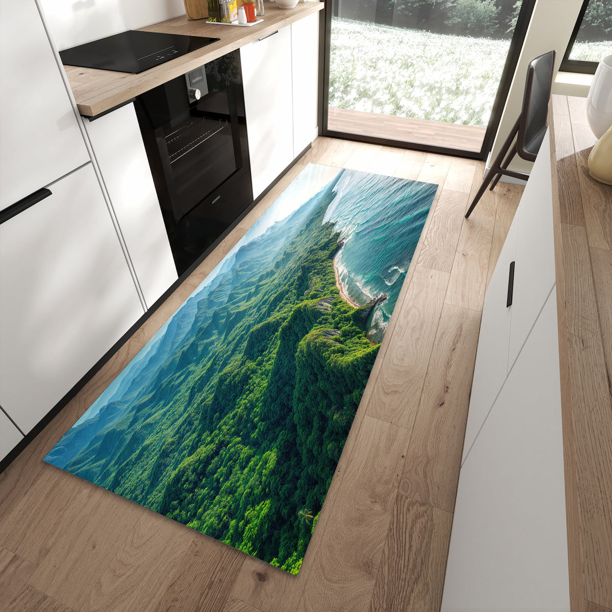 Wasserabweisender Küchenläufer mit Motiv Küstenlandschaft in moderner Küche