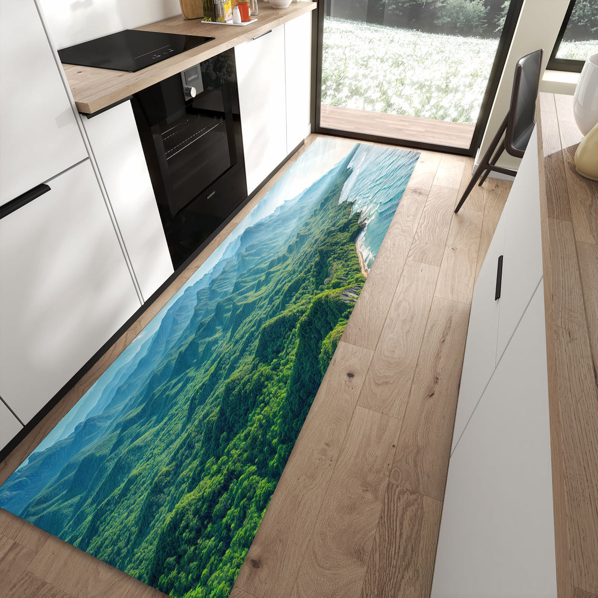 UV-beständiger Küchenläufer mit Motiv Küstenlandschaft in moderner Küche - waschbar