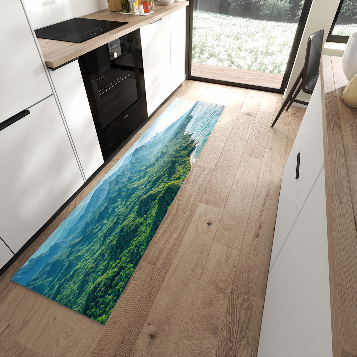 Bodenschonender Küchenläufer mit Motiv Küstenlandschaft in moderner Küche
