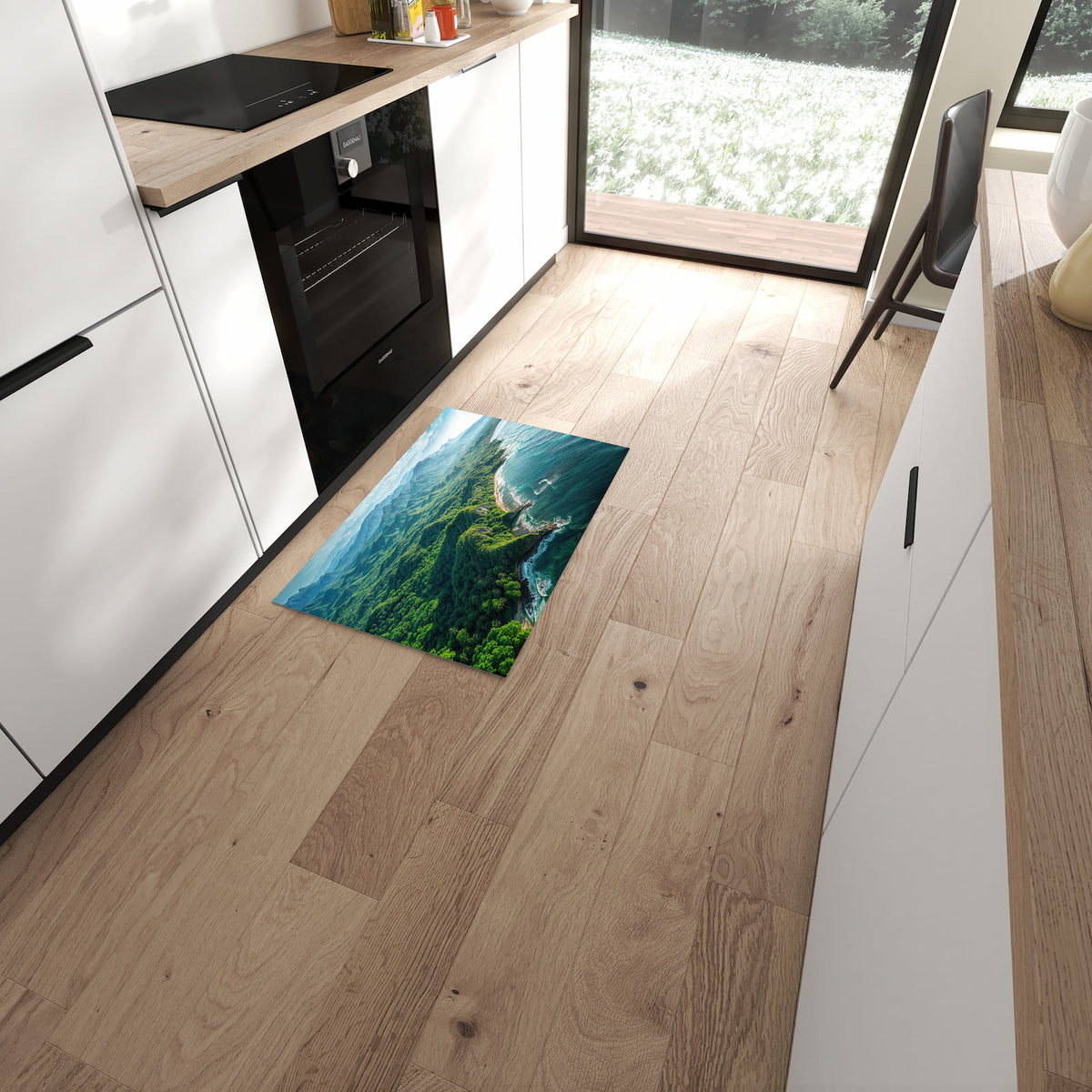 Waschbarer Küchenläufer mit Motiv Küstenlandschaft in moderner Küche für sicheres Aufbewahren