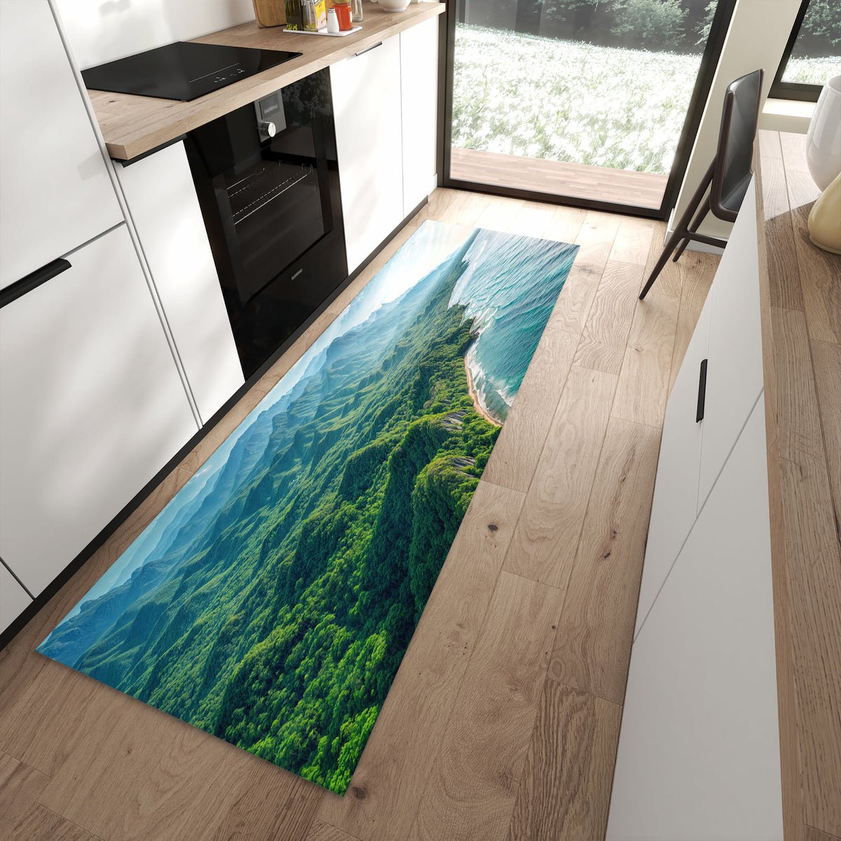 Geräuschdämpfender Küchenläufer mit Motiv Küstenlandschaft in moderner Küche