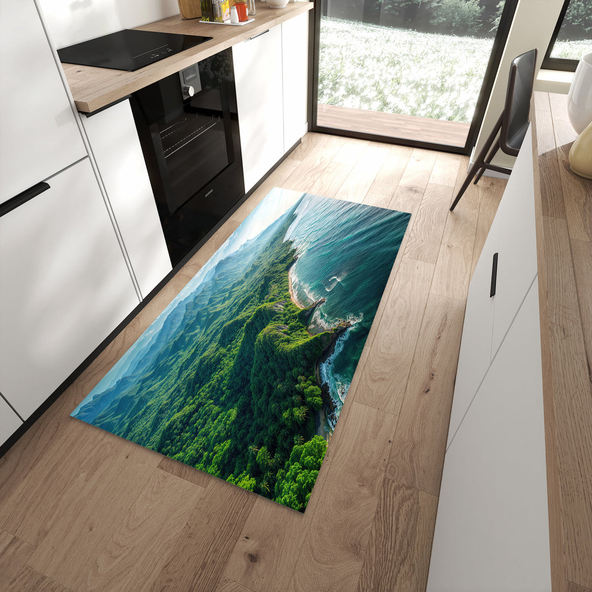 Komfortabler Küchenläufer mit Motiv Küstenlandschaft in moderner Küche