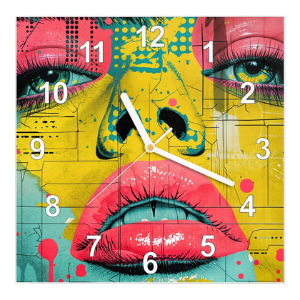 Wanduhr Quadratisch mit dem Motiv Gesicht in Gelb und Pink