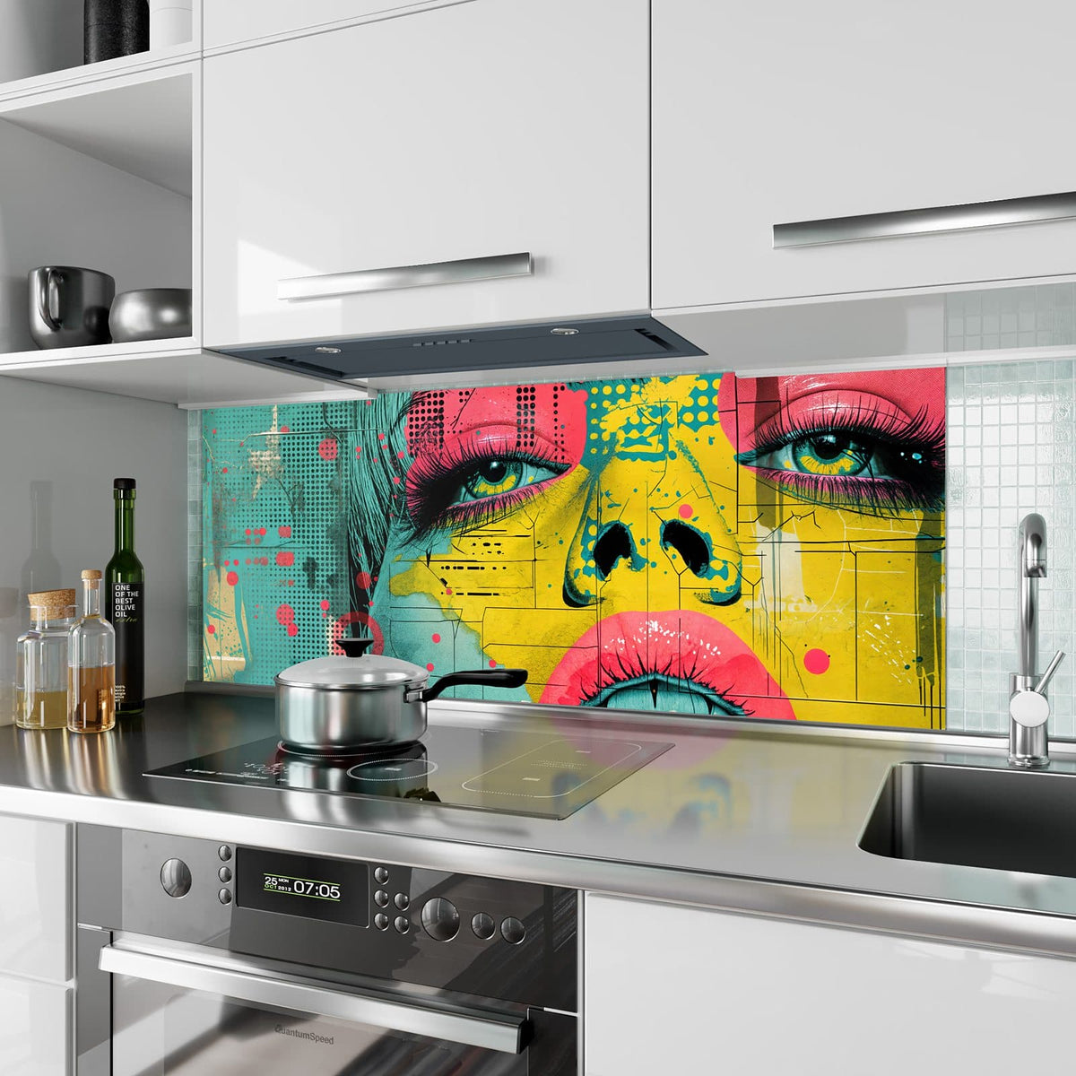 Küchenrückwand aus Glas Gesicht in Gelb und Pink im Hochformat als Spritzschutz hinter dem Kochfeld, über dem Fliesenspiegel montiert