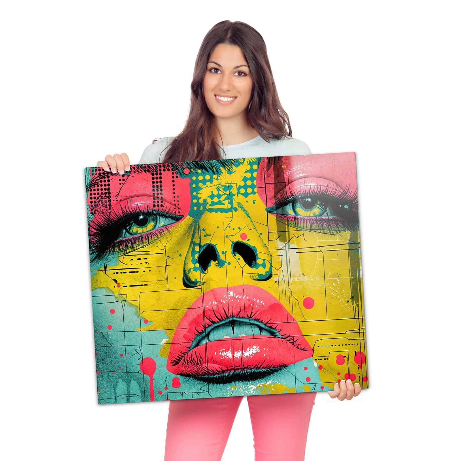 Abdeckplatte für Ceranfeld mit Portrait Pop Art-Motiv wird zur Größendarstellung gehalten