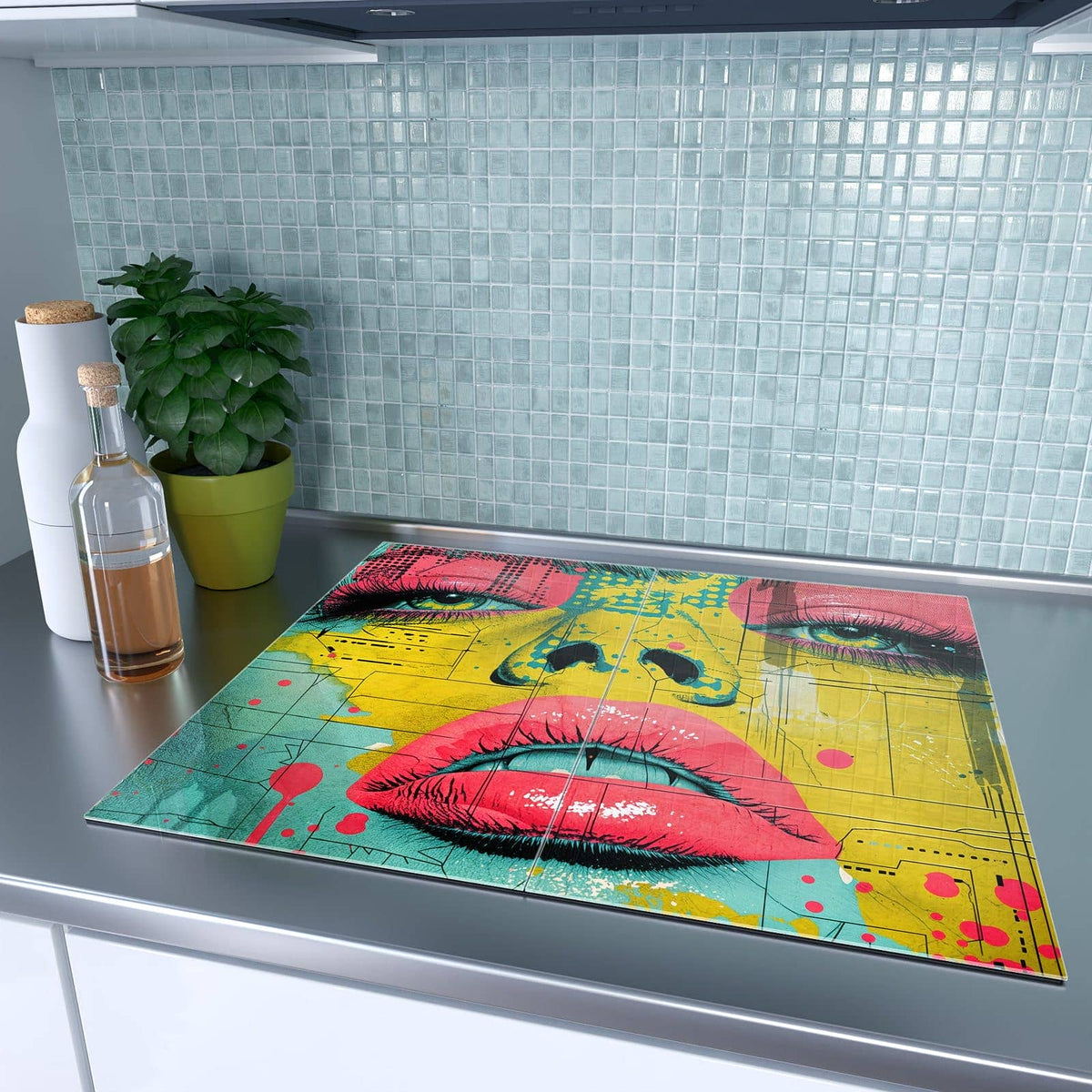 Herdabdeckplatte Gesicht in Gelb und Pink – Gelbes Pop-Art-Gesicht mit pinken Lippen