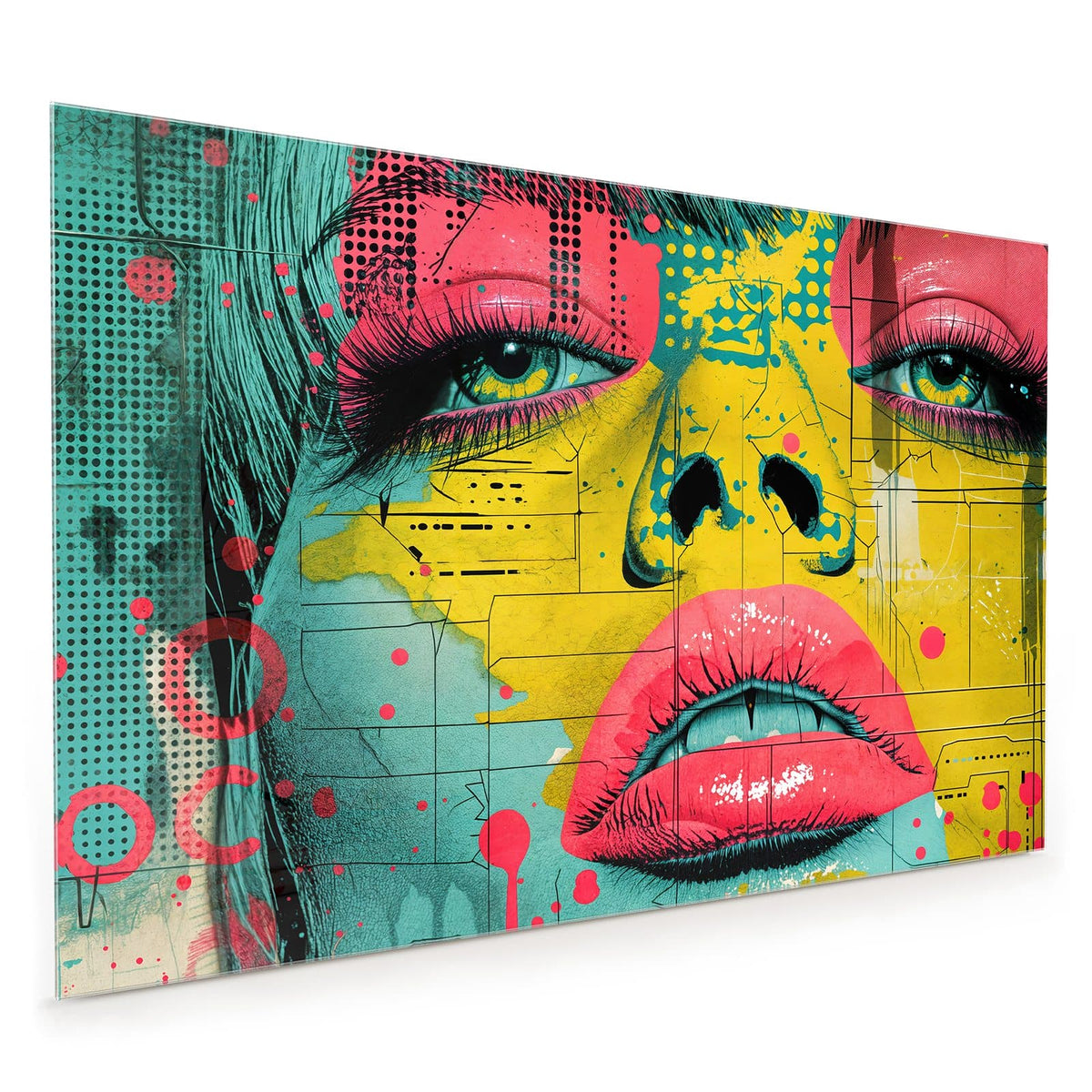 Küchenrückwand aus Glas im Hochformat: Pop-Art-Gesicht in Gelb mit pinken Lippen, pinken Lidern und türkisen Flächen