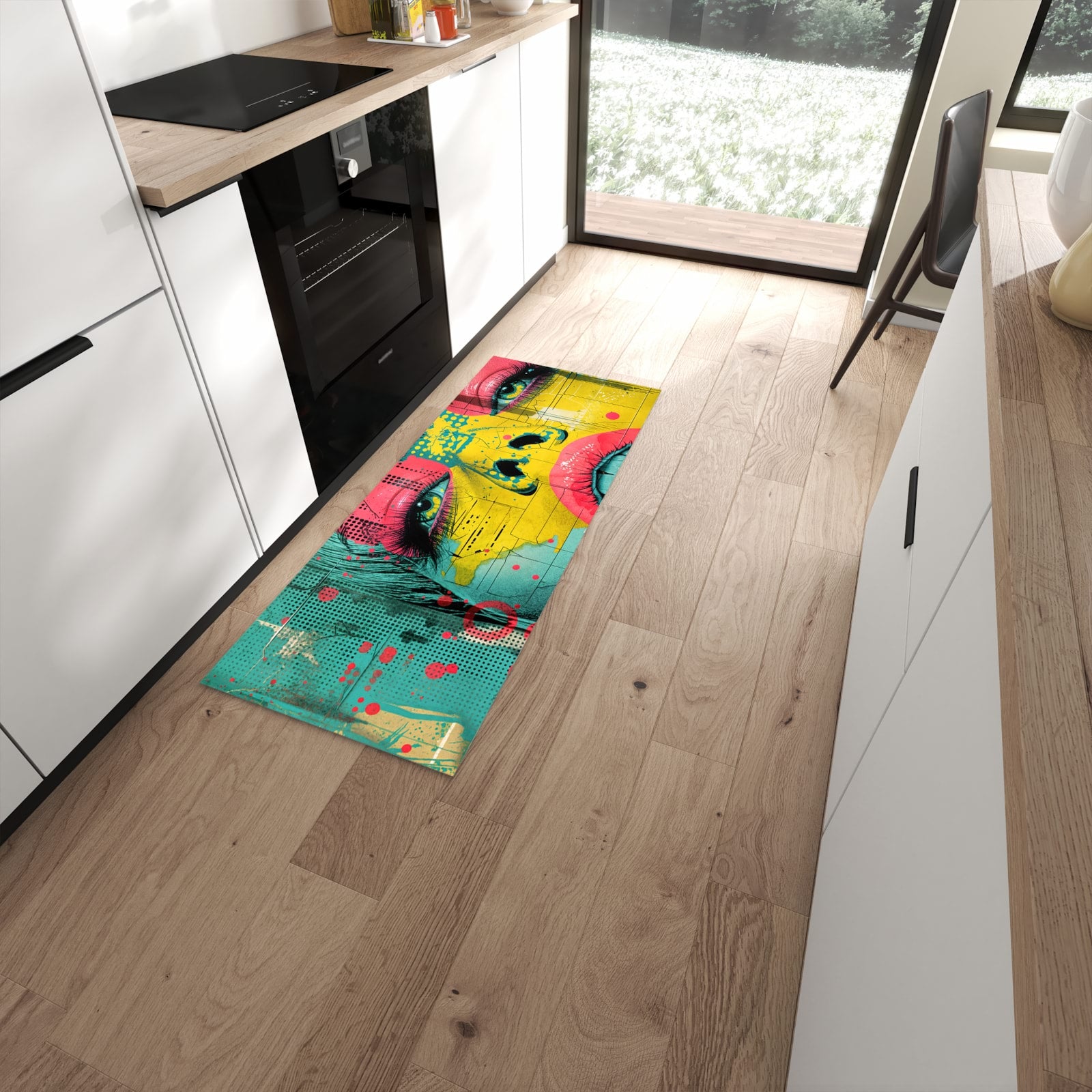 Flacher Küchenläufer mit Motiv Portrait Pop Art in moderner Küche #grösse_60 x 150 cm