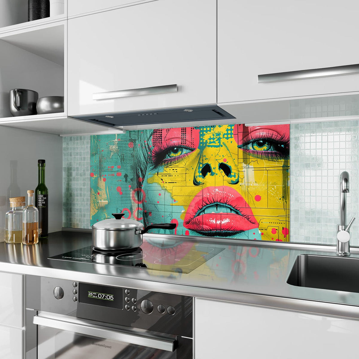 Küchenrückwand aus Glas Gesicht in Gelb und Pink im Hochformat als Spritzschutz hinter dem Kochfeld, über dem Fliesenspiegel montiert