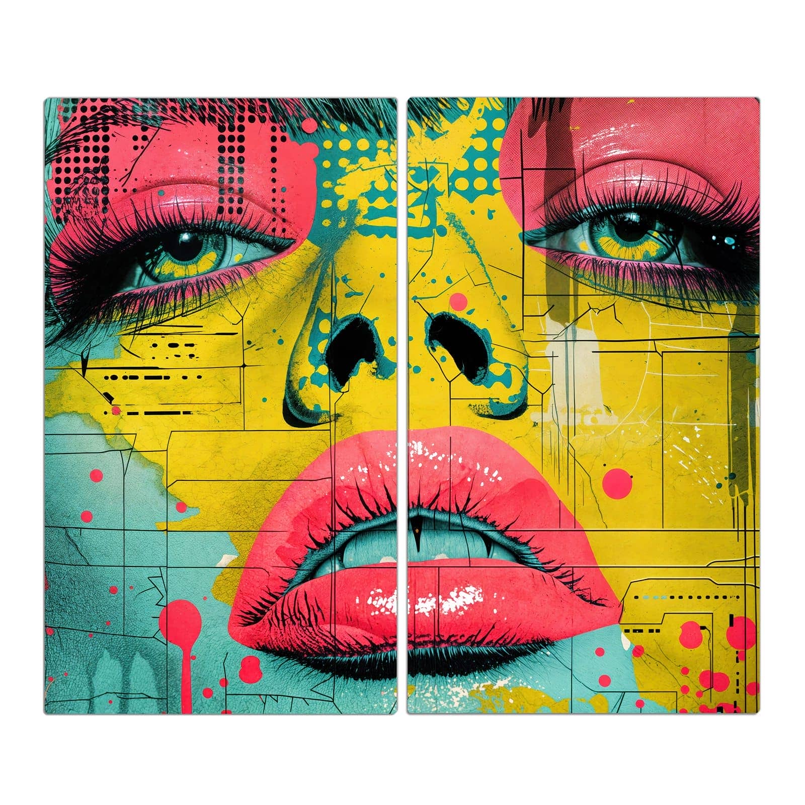 2-teilige Herdabdeckung aus Glas mit Portrait Pop Art-Motiv in der Frontansicht #grösse_2-Teilig (60x52cm)
