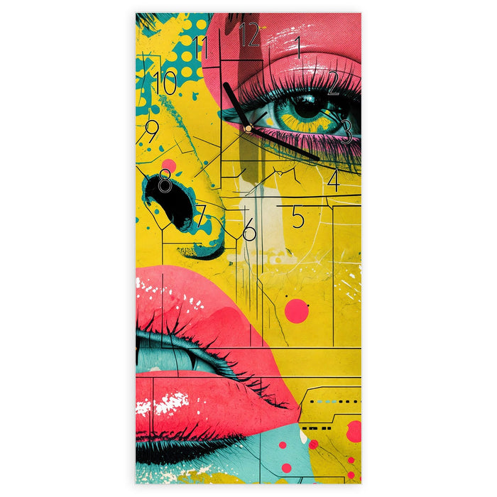 Wanduhr Portrait Pop Art aus Glas – Hochformat 30 × 60 cm mit Ziffernblatt Elegant