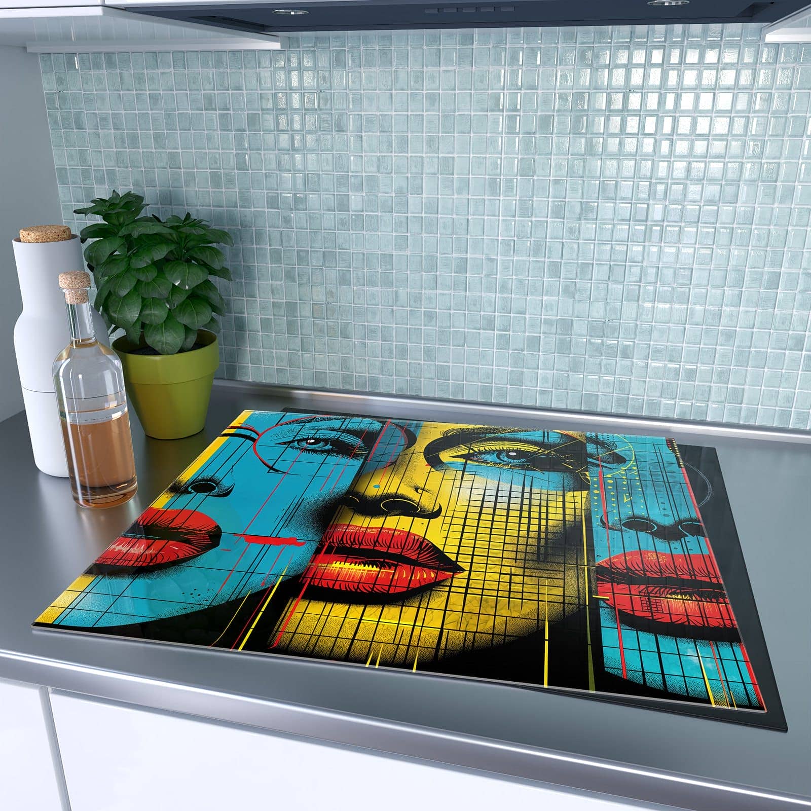 1-teilige Herdabdeckplatten für den Herd mit Pop Art Gesichter-Motiv auf dem Ceranfeld