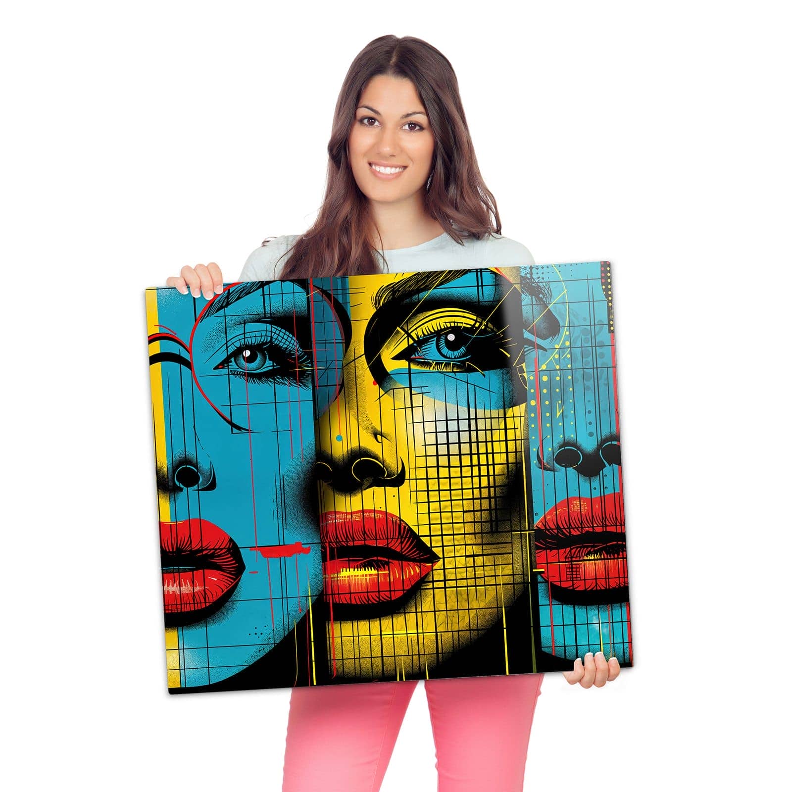 Herdabdeckplatte mit Pop Art Gesichter-Motiv wird zur Größendarstellung gehalten