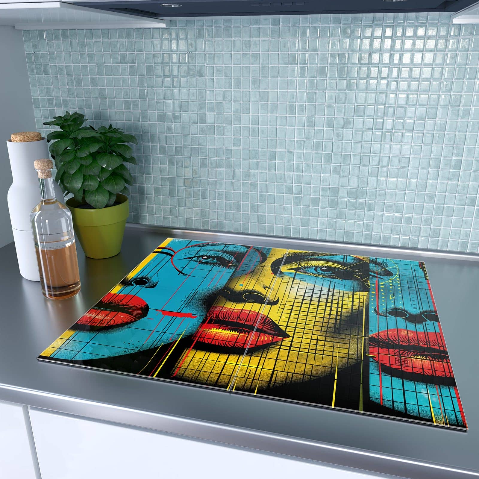 2-teilige Ceranfeld Abdeckungen mit Pop Art Gesichter-Motiv auf dem Ceranfeld