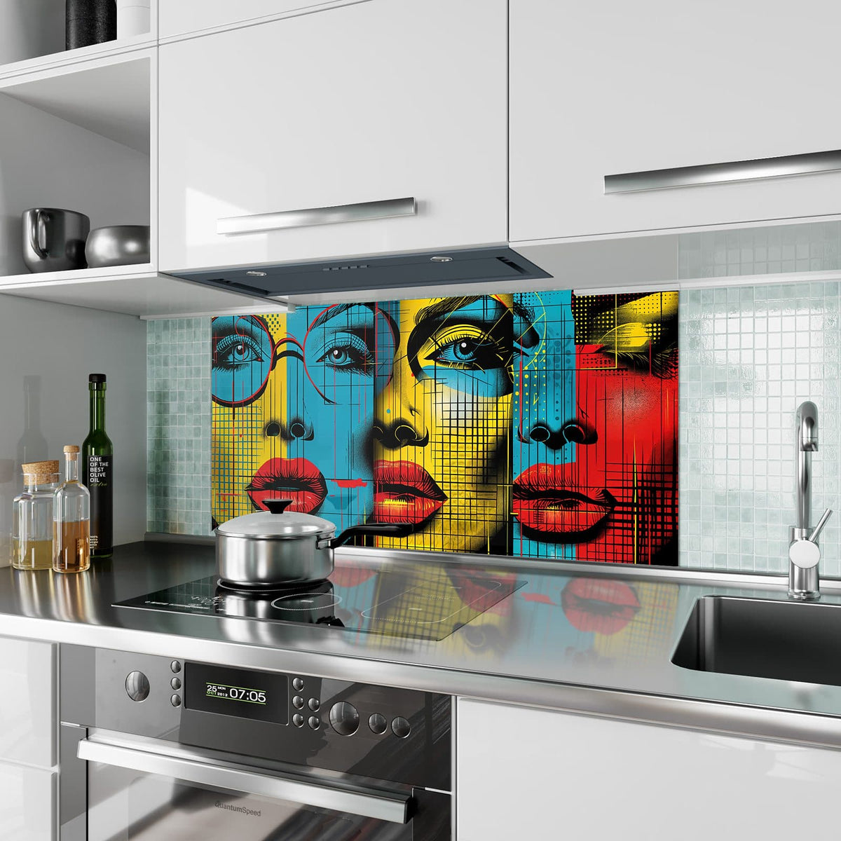 Küchenrückwand aus Glas Zwei Gesichter im Hochformat als Spritzschutz hinter dem Kochfeld, über dem Fliesenspiegel montiert