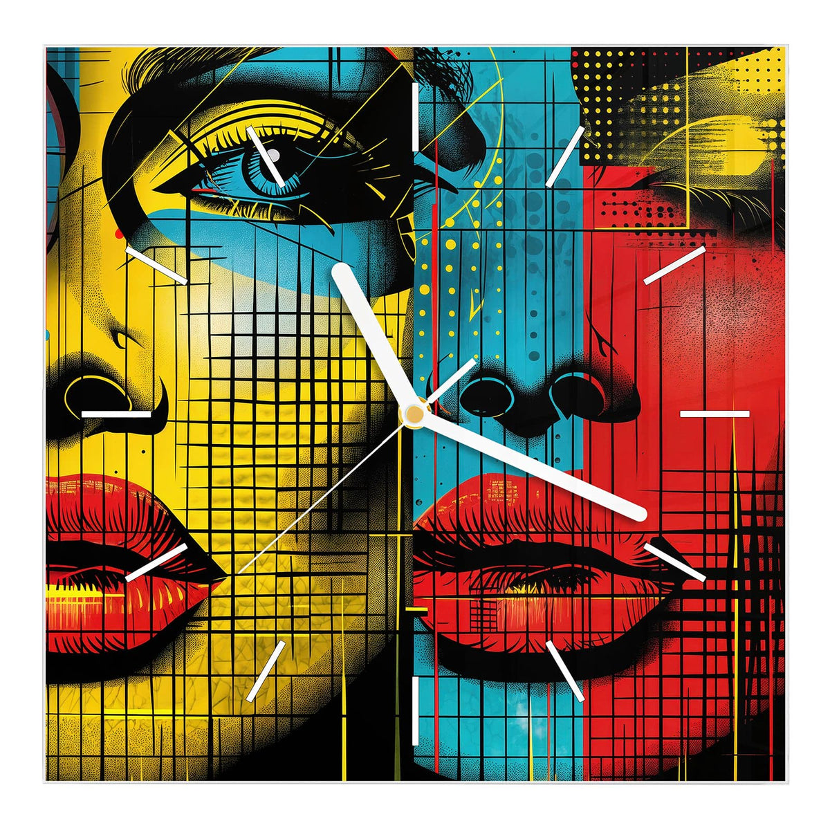 Wanduhr aus Glas, Ziffernblatt Linie mit Motiv Zwei Gesichter: Zwei halbe Comicgesichter in Gelb, Rot und Türkis mit roten Lippen