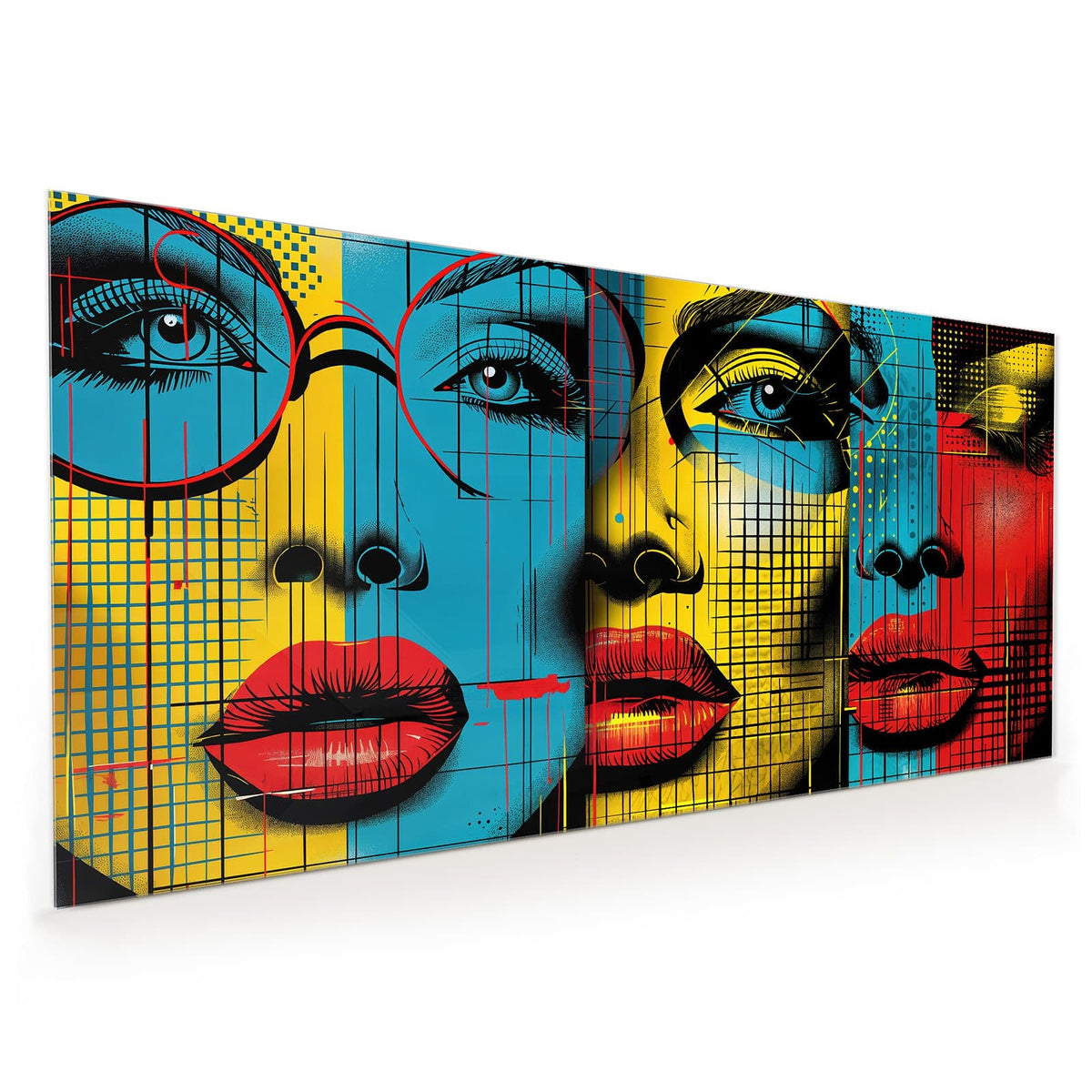 Küchenrückwand aus Glas im Hochformat mit Motiv Zwei Gesichter: Zwei halbe Comicgesichter in Gelb, Rot und Türkis mit roten Lippen