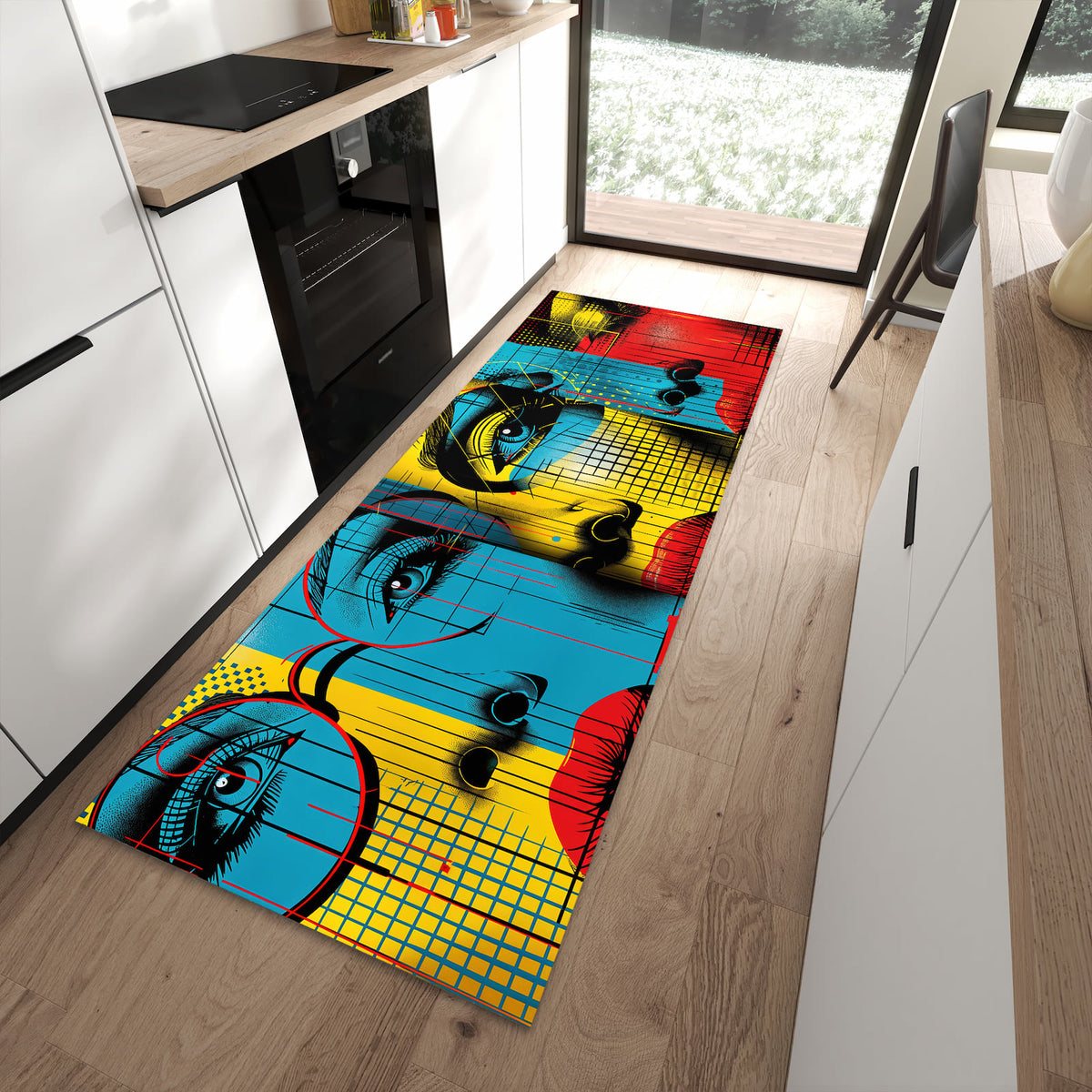 Rutschfester Küchenteppich mit Motiv Pop Art Gesichter in moderner Küche