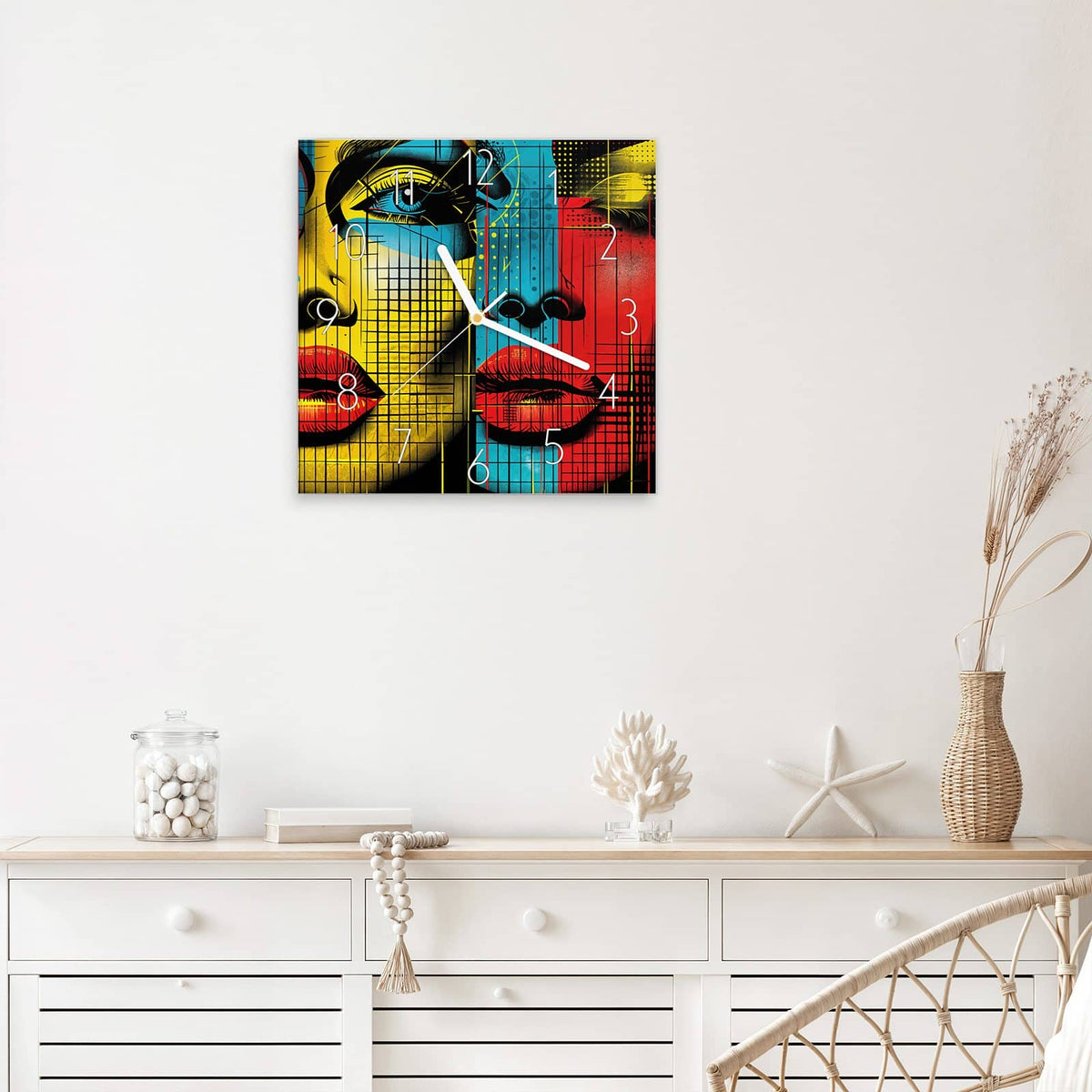 Wanduhr Zwei Gesichter aus Glas – Quadratisch 30 × 30 cm – Zwei Gesichtshälften mit roten Lippen