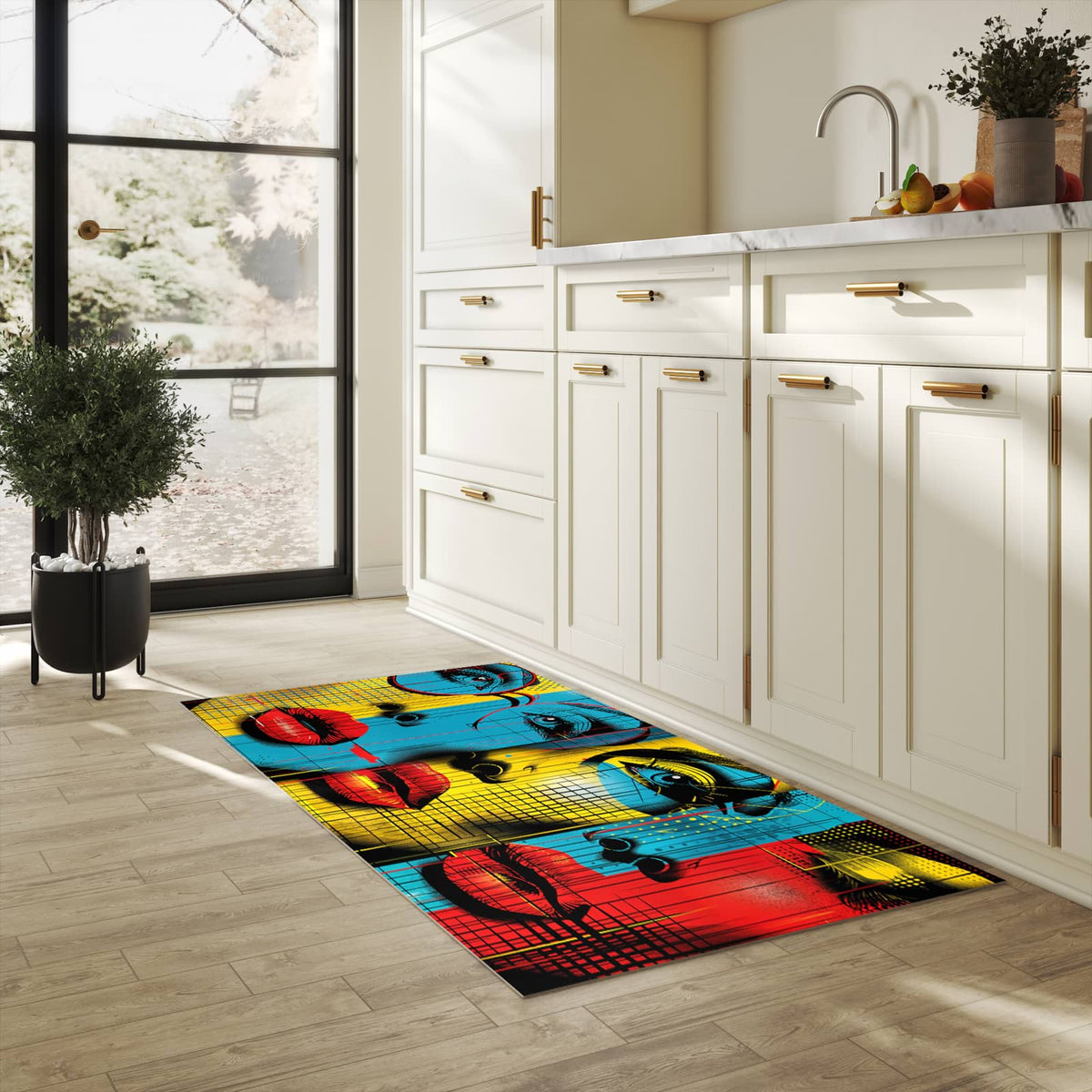 Langlebiger Teppichläufer mit Motiv Pop Art Gesichter in heller Küche