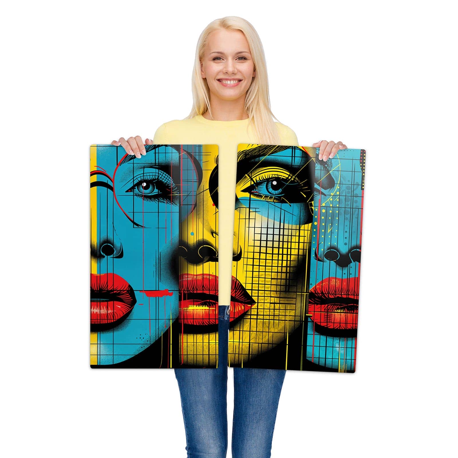 2-teilige Herdabdeckplatte aus Glas mit Pop Art Gesichter-Motiv wird zur Größendarstellung gehalten