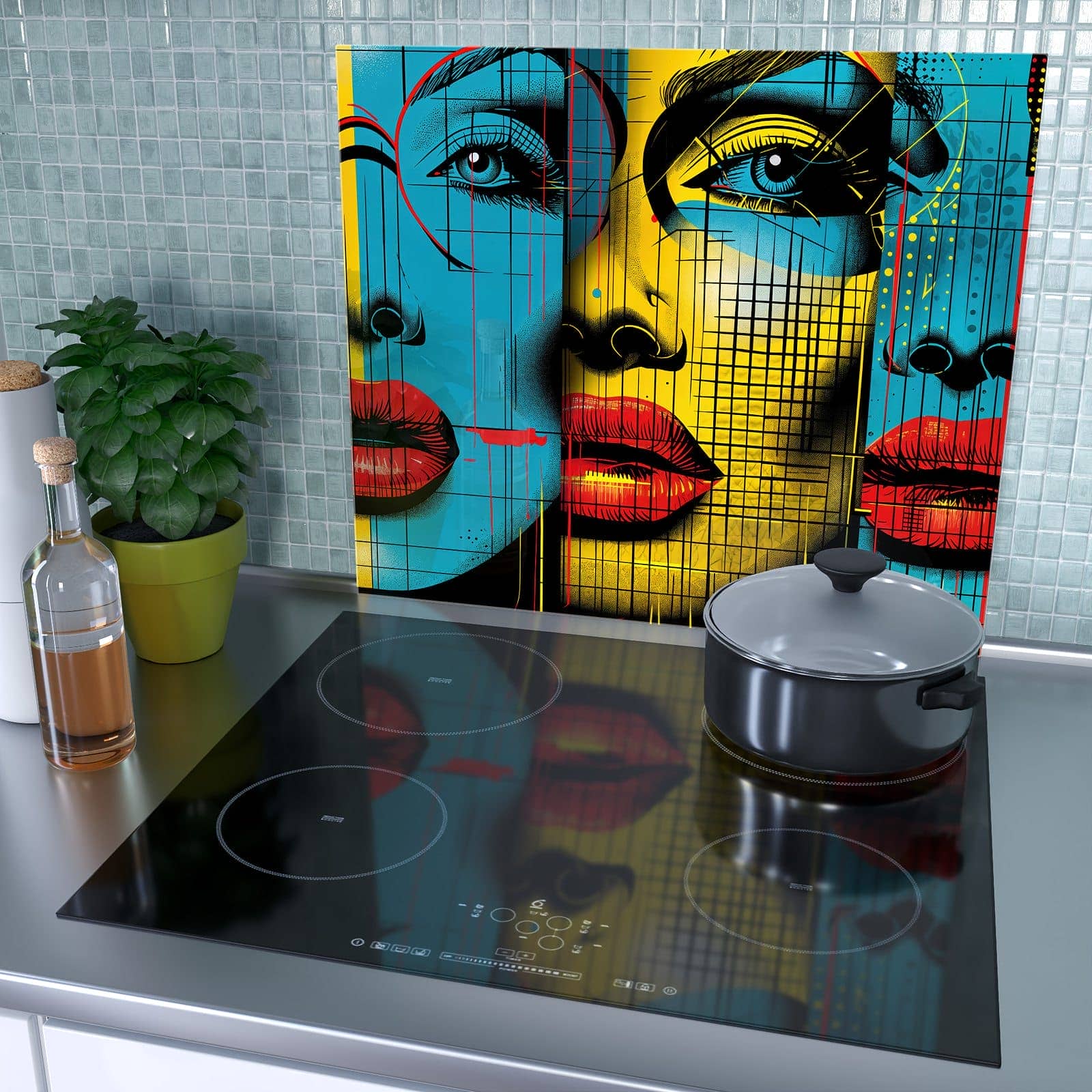 1-teilige Herdabdeckplatte mit Pop Art Gesichter-Motiv als Spritzschutz hinter dem Kochfeld