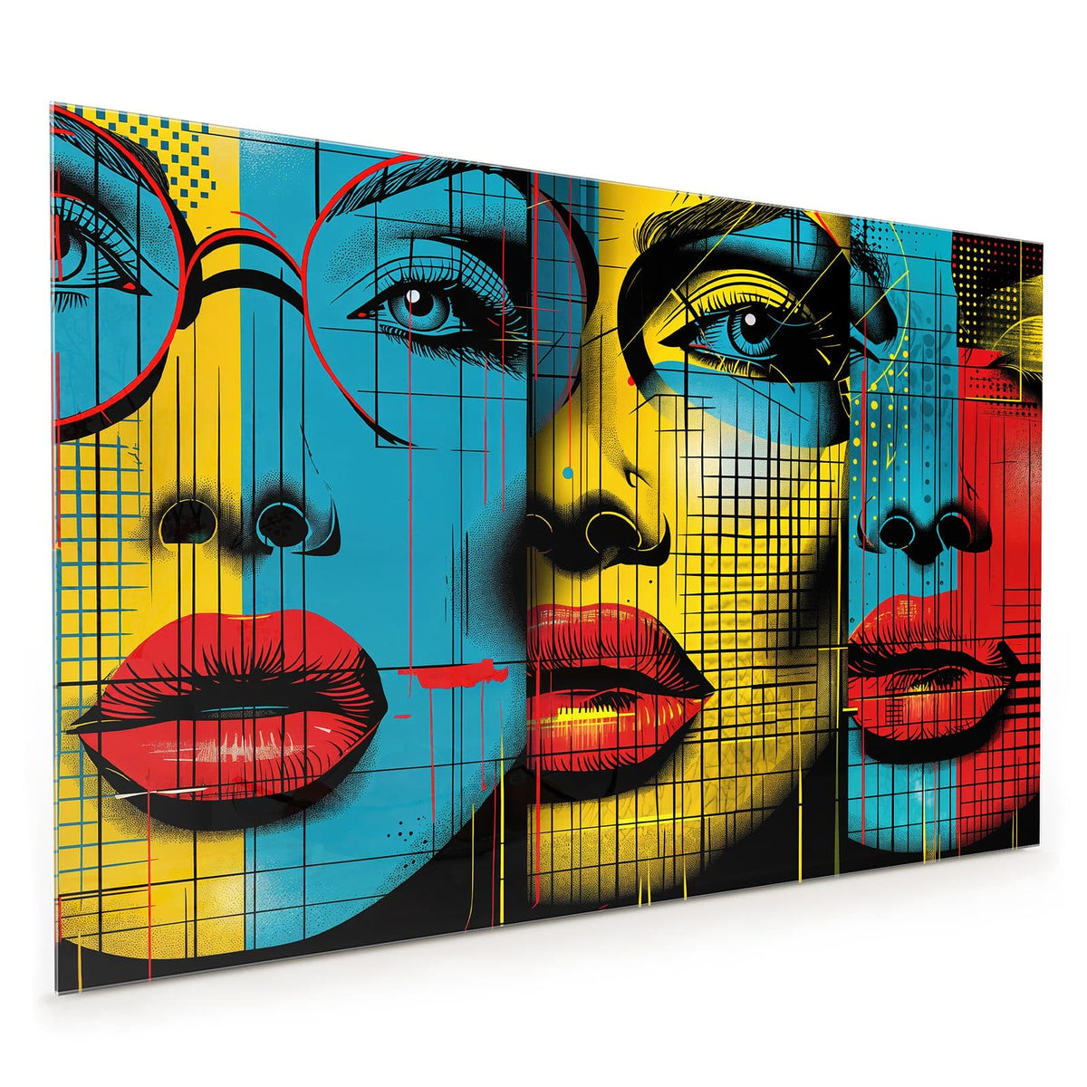 Küchenrückwand aus Glas im Hochformat mit Motiv Zwei Gesichter: Zwei halbe Comicgesichter in Gelb, Rot und Türkis mit roten Lippen