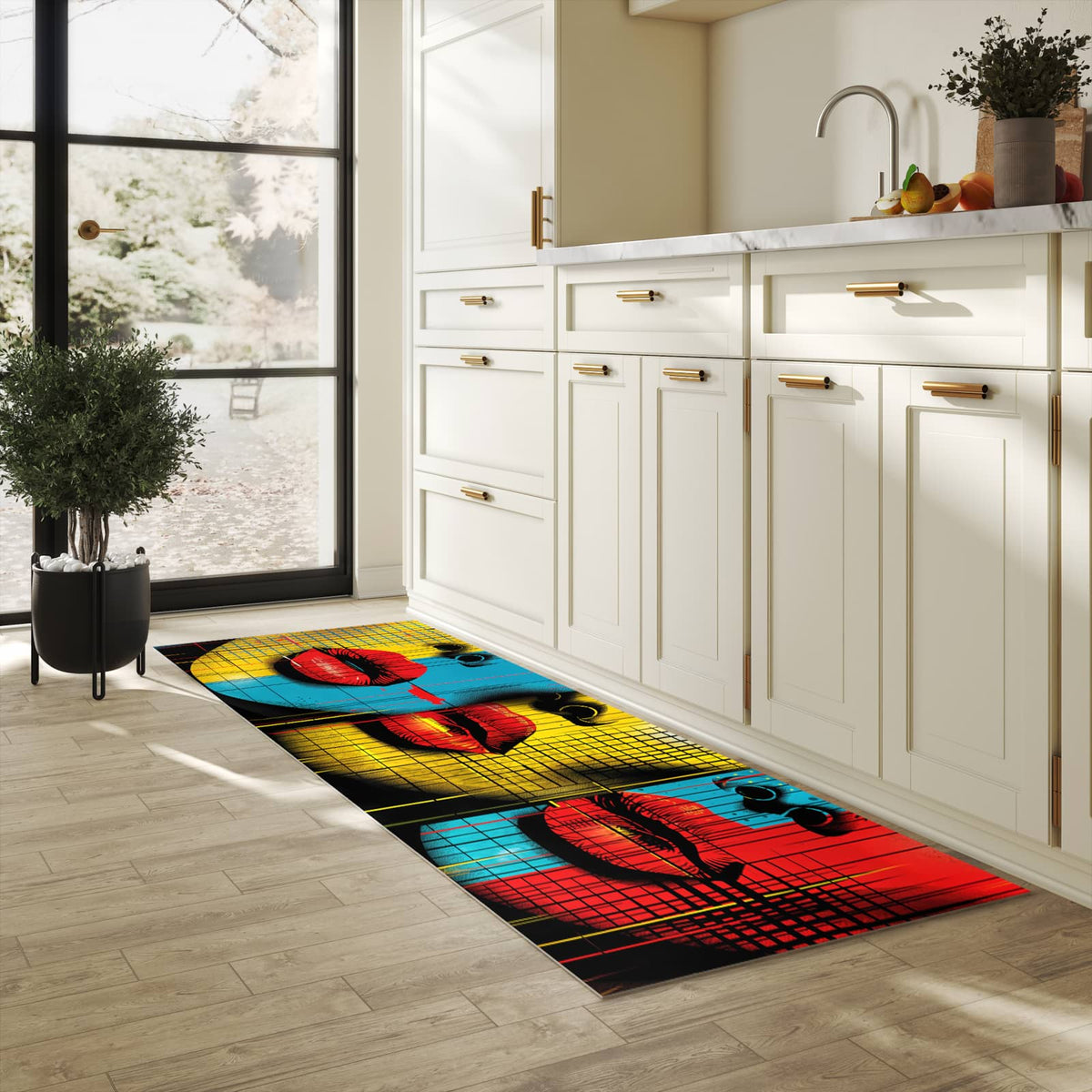 Fleckenresistenter waschbarer Teppich Küche mit Motiv Pop Art Gesichter in heller Küche