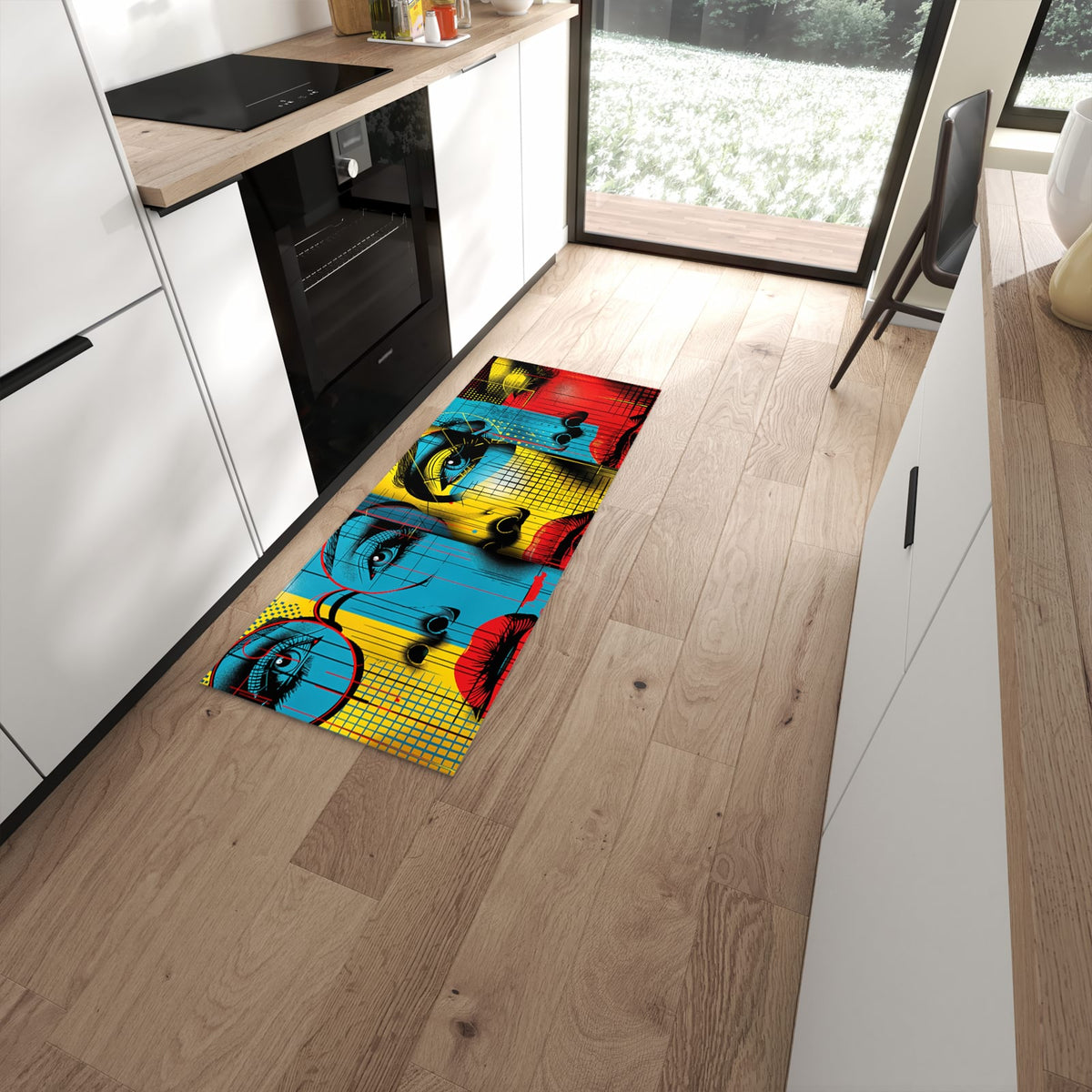 Langlebiger Bodenläufer mit Motiv Pop Art Gesichter in moderner Küche #grösse_60 x 150 cm