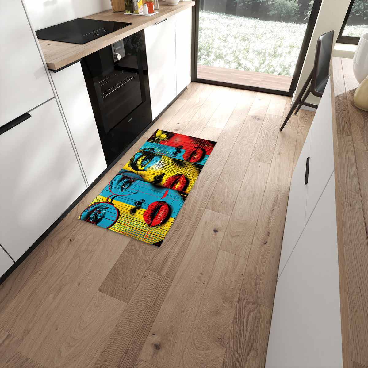 Geruchsneutraler rutschfester Küchenteppich mit Motiv Pop Art Gesichter in moderner Küche #grösse_60 x 120 cm