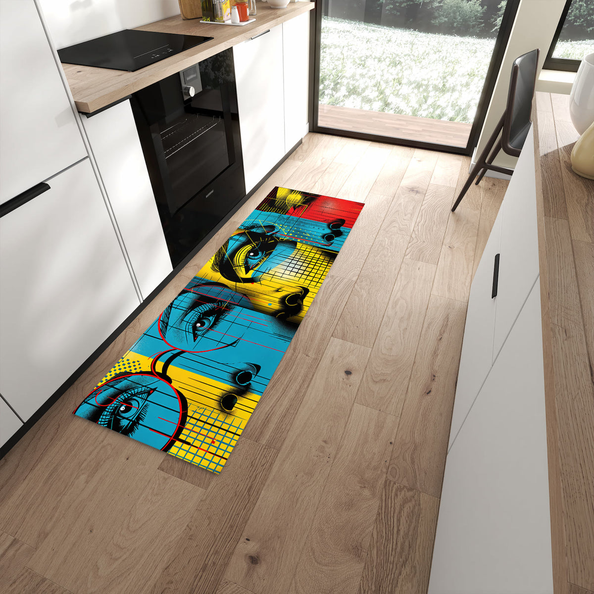 Flacher Bodenläufer mit Motiv Pop Art Gesichter in moderner Küche