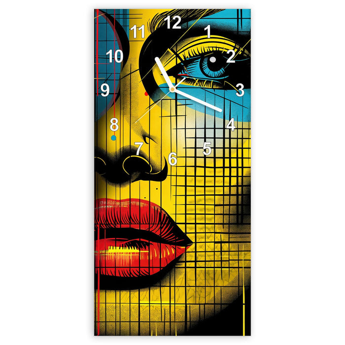 Wanduhr Pop Art Gesichter aus Glas – Hochformat 30 × 60 cm mit Ziffernblatt Modern