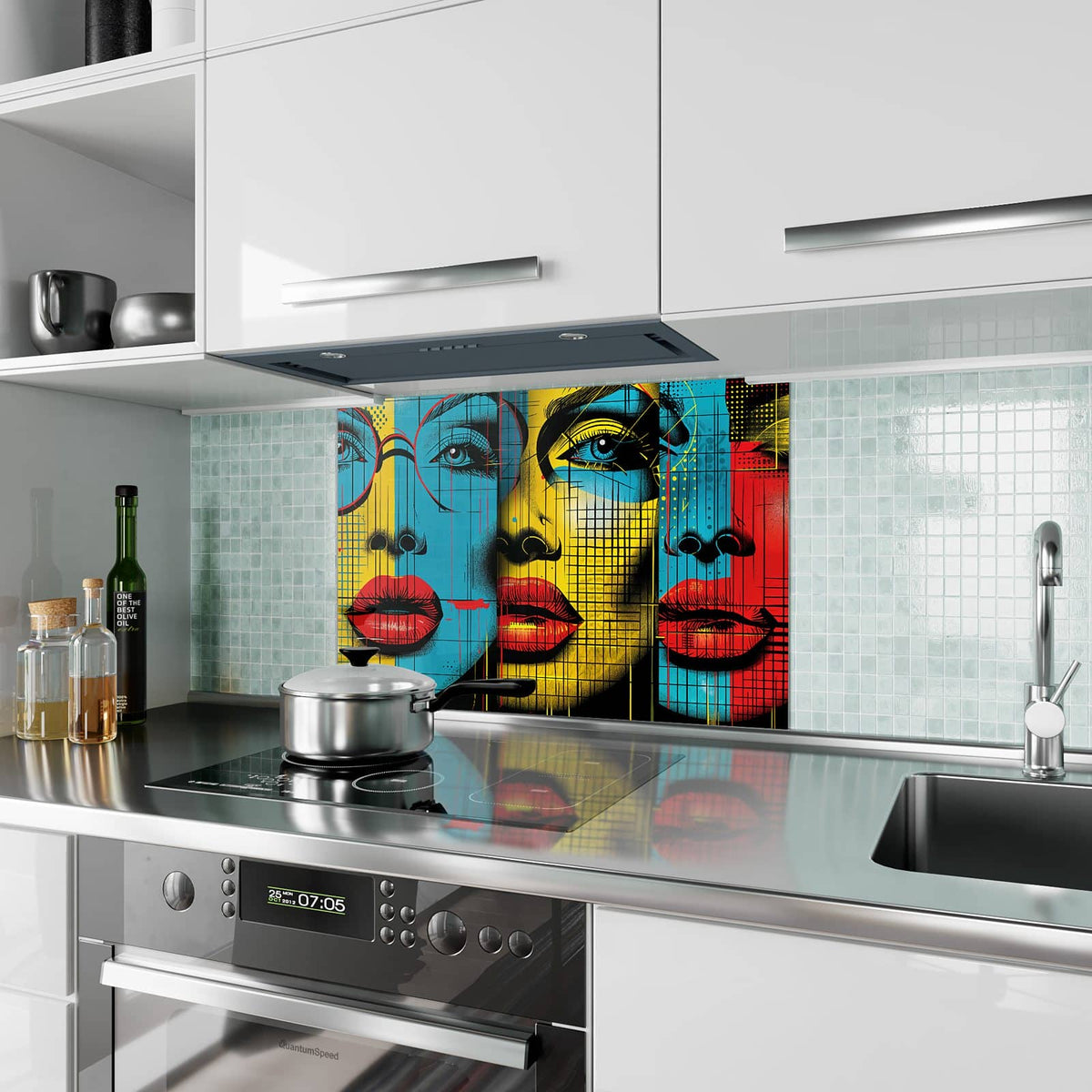 Küchenrückwand aus Glas Zwei Gesichter im Hochformat als Spritzschutz hinter dem Kochfeld, über dem Fliesenspiegel montiert