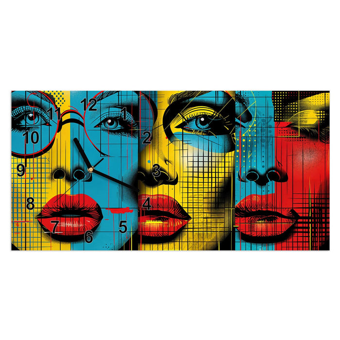 Wanduhr Pop Art Gesichter aus Glas – Querformat 60 × 30 cm mit Ziffernblatt Modern