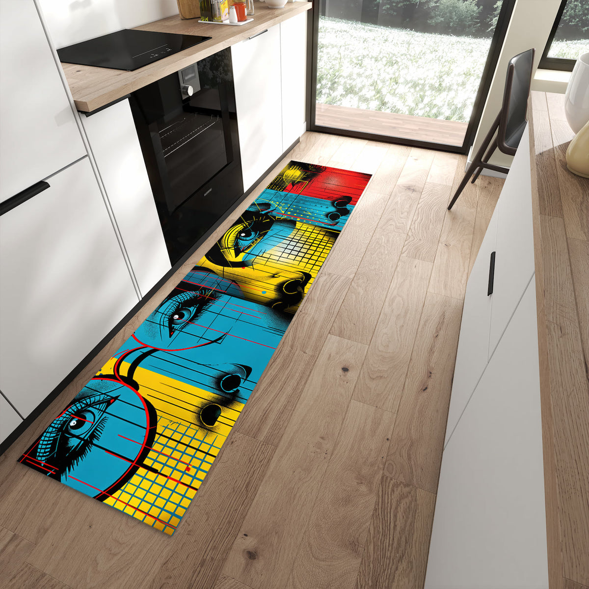 Pflegeleichter Küchenteppich mit Motiv Pop Art Gesichter in moderner Küche