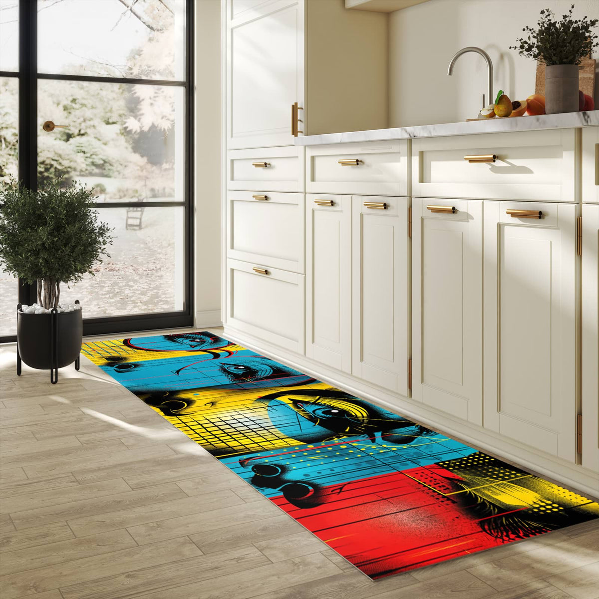 Geruchsneutraler Küchenläufer mit Motiv Pop Art Gesichter in heller Küche