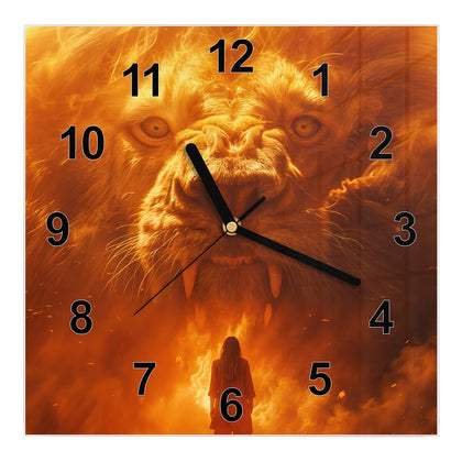 Wanduhr Quadratisch mit dem Motiv Löwe aus Feuer