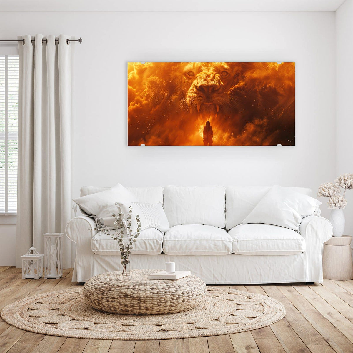 Wandbild - Löwe aus Feuer - Querformat – Löwenkopf aus Flammen und Funken