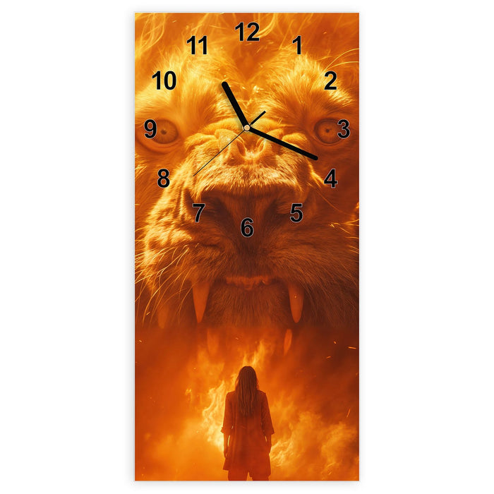 Wanduhr Abenteuerlicher Löwe aus Glas – Hochformat 30 × 60 cm mit Ziffernblatt Modern
