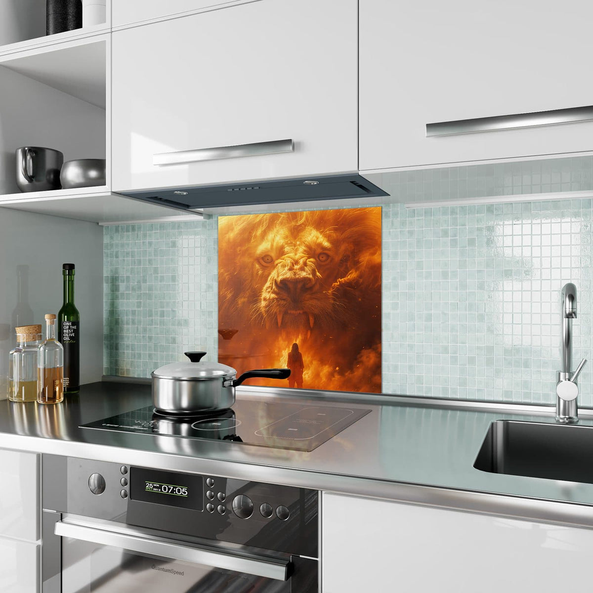 Küchenrückwand Löwe aus Feuer aus Glas – Löwenkopf aus Flammen und Funken